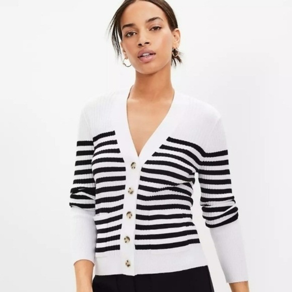 Ann Taylor LOFT NEW Stripe Mixed Ribbed Pocket V-neck Sweater Cardigan SZ Medium
